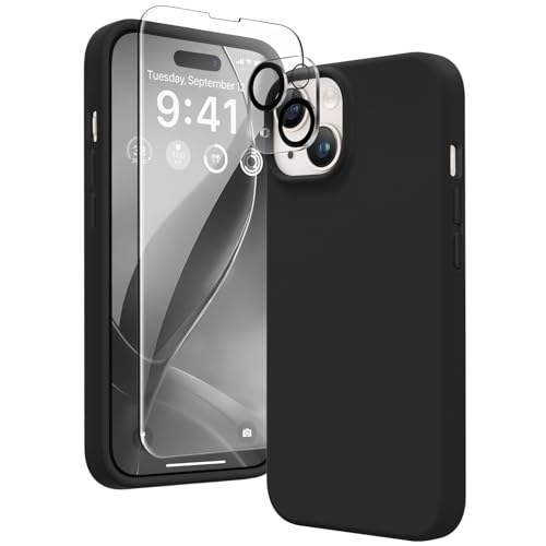 GONEZ 5 in 1 für iPhone 14 Hülle, mit 2X[Bildschirmschutz + Kameralinsenschutz], Hautfreundliche Berührung, [Weiche Anti-Kratzer Mikrofaser Futter], Schlank Flüssigsilikon Hülle 6.1", Schwarz von GONEZ