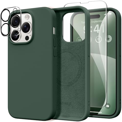 GONEZ für iPhone 14 Pro Hülle, kompatibel mit Magsafe, mit Displayschutz + Kameralinsenschutz, weiches, kratzfestes Mikrofaserfutter, stoßfeste Handyhülle aus flüssigem Silikon, Dunkel Grün GONEZ für iPhone 14 Pro Hülle, kompatibel mit Magsafe, mit Displayschutz + Kameralinsenschutz, weiches, kratzfestes Mikrofaserfutter, stoßfeste Handyhülle aus flüssigem Silikon, Dunkel Grün von GONEZ