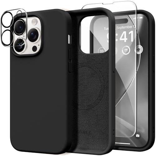 GONEZ für iPhone 14 Pro Hülle, kompatibel mit Magsafe, mit Displayschutz + Kameralinsenschutz, weiches, kratzfestes Mikrofaserfutter, stoßfeste Handyhülle aus flüssigem Silikon, Schwarz GONEZ für iPhone 14 Pro Hülle, kompatibel mit Magsafe, mit Displayschutz + Kameralinsenschutz, weiches, kratzfestes Mikrofaserfutter, stoßfeste Handyhülle aus flüssigem Silikon, Schwarz von GONEZ