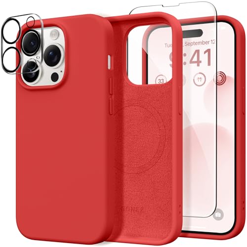 GONEZ für iPhone 14 Pro Hülle, kompatibel mit Magsafe, mit Displayschutz + Kameralinsenschutz, weiches, kratzfestes Mikrofaserfutter, stoßfeste Handyhülle aus flüssigem Silikon, Karminrot GONEZ für iPhone 14 Pro Hülle, kompatibel mit Magsafe, mit Displayschutz + Kameralinsenschutz, weiches, kratzfestes Mikrofaserfutter, stoßfeste Handyhülle aus flüssigem Silikon, Karminrot von GONEZ