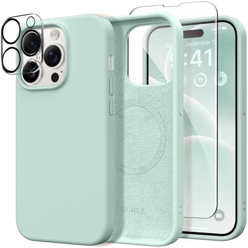 GONEZ für iPhone 14 Pro Hülle, kompatibel mit Magsafe, mit Displayschutz + Kameralinsenschutz, weiches, kratzfestes Mikrofaserfutter, stoßfeste Handyhülle aus flüssigem Silikon, Mintgrün GONEZ für iPhone 14 Pro Hülle, kompatibel mit Magsafe, mit Displayschutz + Kameralinsenschutz, weiches, kratzfestes Mikrofaserfutter, stoßfeste Handyhülle aus flüssigem Silikon, Mintgrün von GONEZ