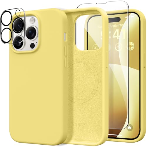 GONEZ 3 in 1 für iPhone 14 Pro Max Hülle, Kompatibel mit Magsafe, mit 1X [Bildschirmschutz + Kameralinsenschutz], Schlankes Magnetisches Silikon, Ganzkörper Hülle, Gelb von GONEZ