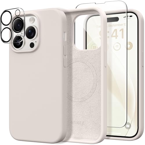 GONEZ 3 in 1 für iPhone 14 Pro Max Hülle, Kompatibel mit Magsafe, mit 1X [Bildschirmschutz + Kameralinsenschutz], Schlankes Magnetisches Silikon, Ganzkörper Hülle, Stein von GONEZ