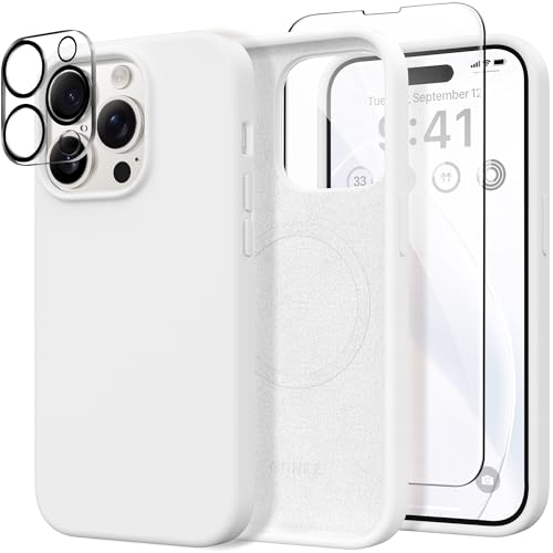 GONEZ 3 in 1 für iPhone 14 Pro Max Hülle, Kompatibel mit Magsafe, mit 1X [Bildschirmschutz + Kameralinsenschutz], Schlankes Magnetisches Silikon, Ganzkörper Hülle, Weiß von GONEZ