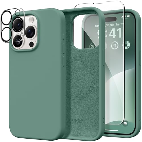 GONEZ für iPhone 15 Pro Hülle Kompatibel mit Magsafe, [Displayschutz für Kamera Objektiv Schutz], Weiche Silikon Stoßfeste Anti-Kratzer Ganzkörper Schutzhülle 6.1" 2023, Mitternachtsgrün von GONEZ