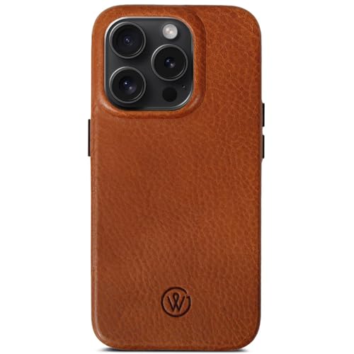 GOOD WILHELM iPhone 13 Mini Lederhülle - Handgefertigte Premium Hülle aus pflanzlich gegerbtem Leder, Dünn, Magnetisches Laden (Qi), Echtleder Case (Cognac Braun, iPhone 13 Mini) von GOOD WILHELM