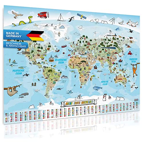 Panorama Weltkarte für Kinder XXL - 140x100cm Kinder-Weltkarte komplett handgezeichnet und koloriert von GOODS+GADGETS