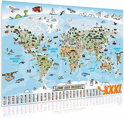 Panorama Weltkarte für Kinder XXXL - 160 x 120 cm Kinder-Weltkarte komplett handgezeichnet und koloriert von GOODS+GADGETS