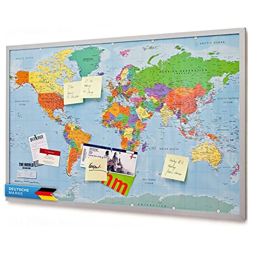 Pinnwand Weltkarte aus Kork mit Rahmen 90x60 cm - Memotafel aus Cork mit 20 Markierungsfähnchen - Weltkartenpinnwand Memoboard XXL von GOODS+GADGETS