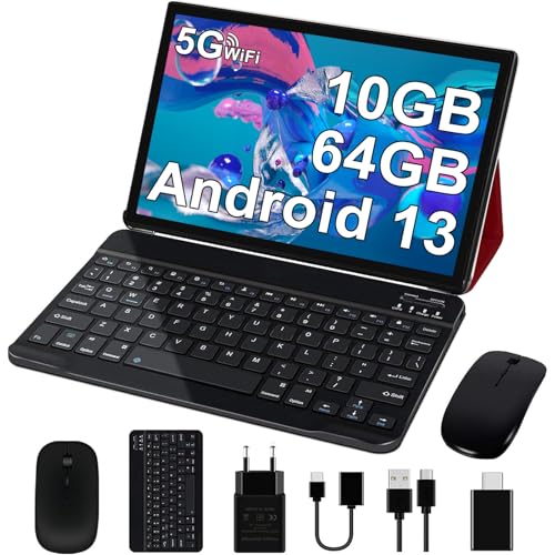 GOODTEL Android 13 Tablet 10 Zoll 10 GB RAM + 64 GB ROM (1TB TF) Quad-Core mit | 5G + 2.4G WiFi | GPS | Bluetooth 5.0 | 8MP + 5MP, Touch Tablet mit Hülle, Tastatur und Maus – Rot von GOODTEL