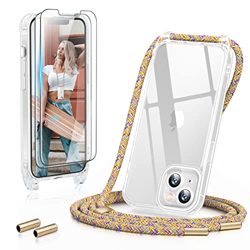 GOODVISH 3 in 1 Handykette für iPhone 13 6,1 Zoll - mit 2 Stück Schutzfolie - Necklace Hülle mit Band [Kameraschutz] [360°-Schutz] Handyhülle für zum Umhängen - Transparent Case mit Schnur, Rainbow von GOODVISH