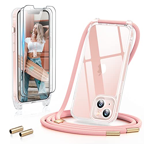 GOODVISH 3 in 1 Handykette für iPhone 13 6,1 Zoll - mit 2 Stück Schutzfolie - Necklace Hülle mit Band [Kameraschutz] [360°-Schutz] Handyhülle für zum Umhängen - Transparent Case mit Schnur, Rosa von GOODVISH