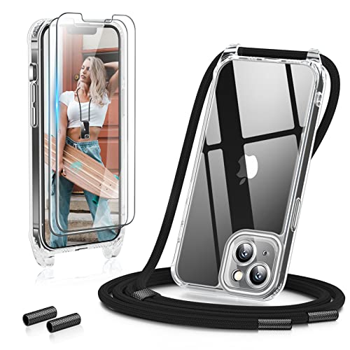 GOODVISH 3 in 1 Handykette für iPhone 13 6,1 Zoll - mit 2 Stück Schutzfolie - Necklace Hülle mit Band [Kameraschutz] [360°-Schutz] Handyhülle für zum Umhängen - Transparent Case mit Schnur, Schwarz von GOODVISH