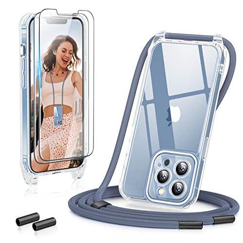 GOODVISH 3 in 1 Handykette für iPhone 13 Pro 6,1", mit 2 Stück Schutzfolie | 360°-Schutz | Kameraschutz | Necklace Hülle mit Band Handyhülle für zum Umhängen | Transparent Case mit Schnur - Blau von GOODVISH