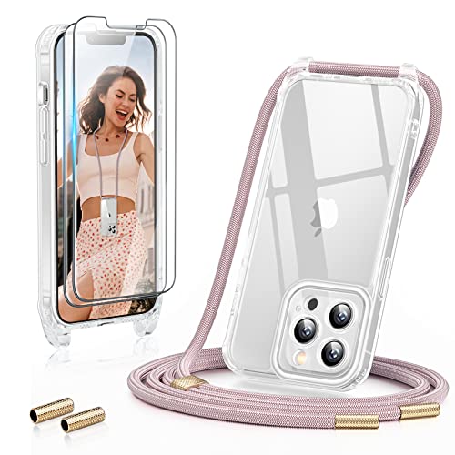 GOODVISH 3 in 1 Handykette für iPhone 13 Pro 6,1", mit 2 Stück Schutzfolie | 360°-Schutz | Kameraschutz | Necklace Hülle mit Band Handyhülle für zum Umhängen | Transparent Case mit Schnur- Rosé Gold von GOODVISH
