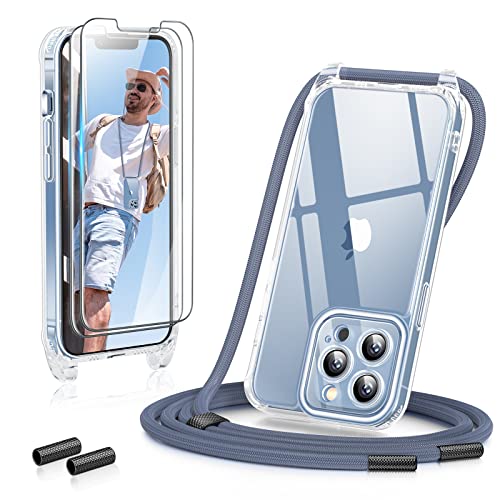 GOODVISH 3 in 1 Handykette für iPhone 13 Pro Max 6,7", mit 2 Stück Schutzfolie | 360°-Schutz | Kameraschutz | Necklace Hülle mit Band Handyhülle für zum Umhängen | Transparent Case mit Schnur - Blau von GOODVISH