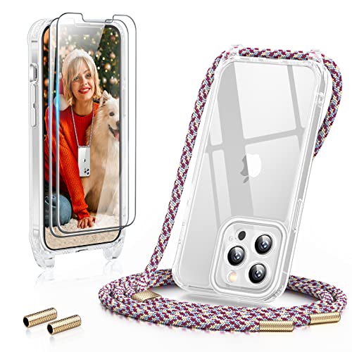 GOODVISH 3 in 1 Handykette für iPhone 13 Pro Max 6,7", mit 2 Stück Schutzfolie | 360°-Schutz | Kameraschutz |Necklace Hülle mit Band Handyhülle für zum Umhängen| Transparent Case mit Schnur - Bordeaux von GOODVISH