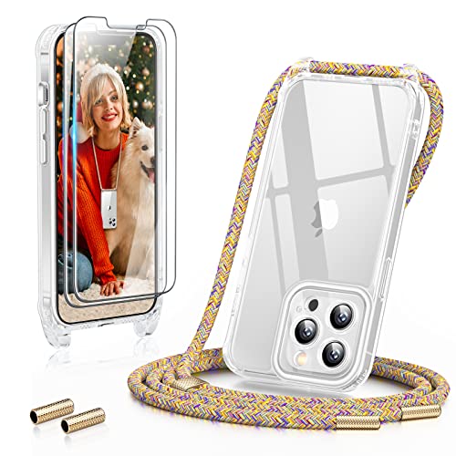 GOODVISH 3 in 1 Handykette für iPhone 13 Pro Max 6,7", mit 2 Stück Schutzfolie | 360°-Schutz | Kameraschutz | Necklace Hülle mit Band Handyhülle für zum Umhängen| Transparent Case mit Schnur - Rainbow von GOODVISH