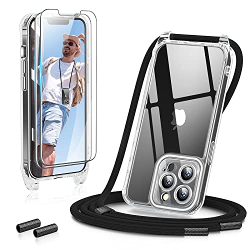 GOODVISH 3 in 1 Handykette für iPhone 13 Pro Max 6,7", mit 2 Stück Schutzfolie | 360°-Schutz | Kameraschutz | Necklace Hülle mit Band Handyhülle für zum Umhängen| Transparent Case mit Schnur - Schwarz von GOODVISH