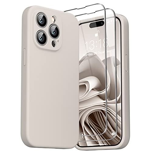 GOODVISH 3 in 1 Hülle Kompatibel mit iPhone 14 Pro (6,1") - mit 2 Stück Schutzfolie | Liquid Silikon Handyhülle | Kameraschutz und Bildschirmschutz | Rundumschutz stoßfeste Case | StoneGrey von GOODVISH