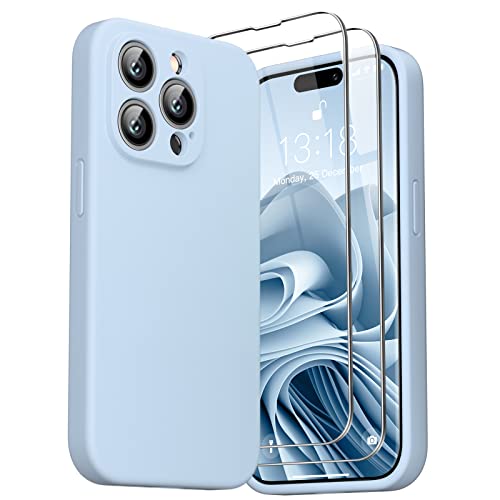 GOODVISH 3 in 1 Hülle Kompatibel mit iPhone 14 Pro - mit 2 Stück Schutzfolie | Liquid Silikon Handyhülle | Kameraschutz und Bildschirmschutz | Rundumschutz stoßfeste Case für 14 Pro (6,1") | BlauGrau von GOODVISH