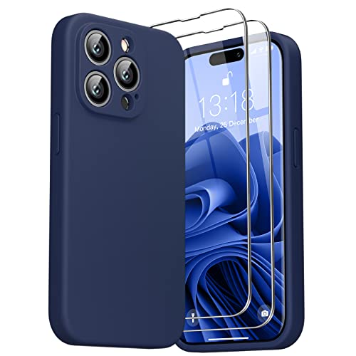 GOODVISH 3 in 1 Hülle Kompatibel mit iPhone 14 Pro - mit 2 Stück Schutzfolie | Liquid Silikon Handyhülle | Kameraschutz und Bildschirmschutz | Rundumschutz stoßfeste Case für 14 Pro (6,1") | Navy Blau von GOODVISH