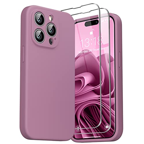 GOODVISH 3 in 1 Hülle Kompatibel mit iPhone 14 Pro - mit 2 Stück Schutzfolie | Liquid Silikon Handyhülle | Kameraschutz und Bildschirmschutz | Rundumschutz stoßfeste Case für 14 Pro (6,1") | Pink Lila von GOODVISH