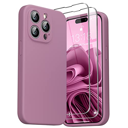 GOODVISH 3 in 1 Hülle Kompatibel mit iPhone 14 Pro - mit 2 Stück Schutzfolie | Liquid Silikon Handyhülle | Kameraschutz und Bildschirmschutz | Rundumschutz stoßfeste Case für 14 Pro (6,1") | Pink Lila von GOODVISH