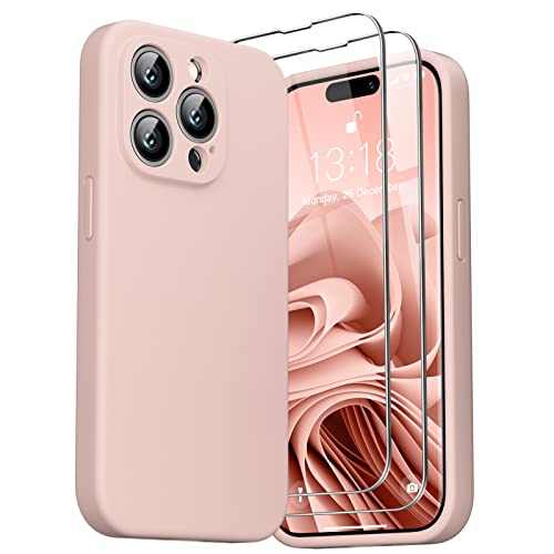 GOODVISH 3 in 1 Hülle Kompatibel mit iPhone 14 Pro - mit 2 Stück Schutzfolie | Liquid Silikon Handyhülle | Kameraschutz und Bildschirmschutz | Rundumschutz stoßfeste Case für 14 Pro (6,1") | Sand Pink von GOODVISH