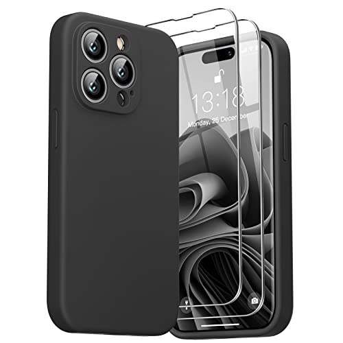 GOODVISH 3 in 1 Hülle Kompatibel mit iPhone 14 Pro - mit 2 Stück Schutzfolie | Liquid Silikon Handyhülle | Kameraschutz und Bildschirmschutz | Rundumschutz stoßfeste Case für 14 Pro (6,1") | Schwarz von GOODVISH