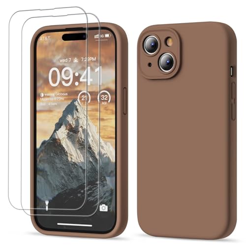 GOODVISH 3 in 1 für iPhone 15 Hülle Liquid Silikon, mit 2 Stück Schutzfolie [Upgraded Kameraschutz] Soft Mikrofaserfutter Handyhülle Kratzfest stoßfeste Schutz Case für iPhone 15 6.1", Braun von GOODVISH