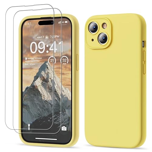 GOODVISH 3 in 1 für iPhone 15 Hülle Liquid Silikon, mit 2 Stück Schutzfolie [Upgraded Kameraschutz] Soft Mikrofaserfutter Handyhülle Kratzfest stoßfeste Schutz Case für iPhone 15 6.1", Gelb von GOODVISH