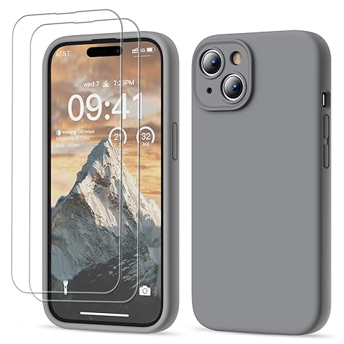 GOODVISH 3 in 1 für iPhone 15 Hülle Liquid Silikon, mit 2 Stück Schutzfolie [Upgraded Kameraschutz] Soft Mikrofaserfutter Handyhülle Kratzfest stoßfeste Schutz Case für iPhone 15 6.1", Grau von GOODVISH