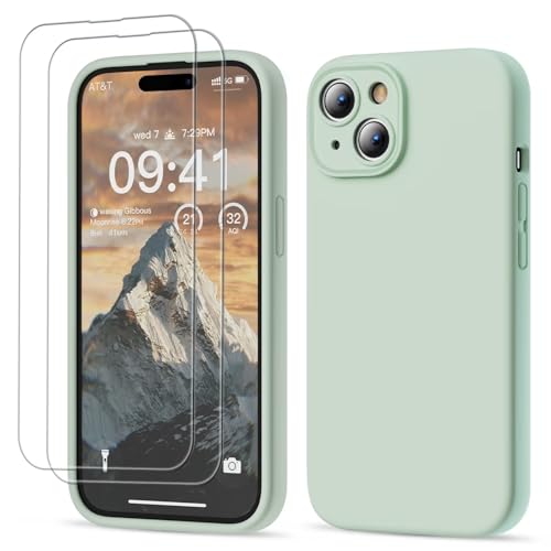 GOODVISH 3 in 1 für iPhone 15 Hülle Liquid Silikon, mit 2 Stück Schutzfolie [Upgraded Kameraschutz] Soft Mikrofaserfutter Handyhülle Kratzfest stoßfeste Schutz Case für iPhone 15 6.1", Hellgrün von GOODVISH