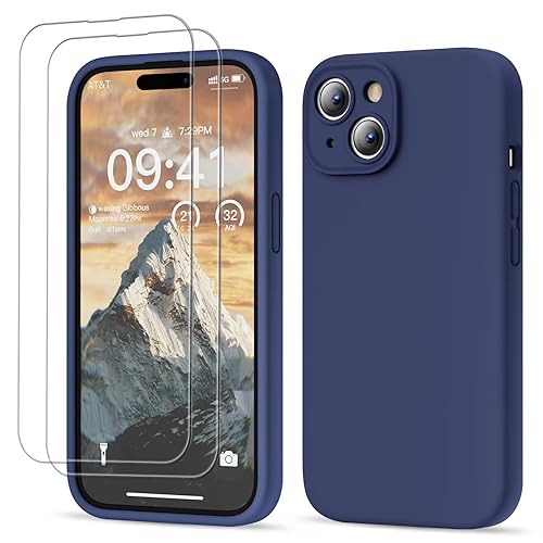 GOODVISH 3 in 1 für iPhone 15 Hülle Liquid Silikon, mit 2 Stück Schutzfolie [Upgraded Kameraschutz] Soft Mikrofaserfutter Handyhülle Kratzfest stoßfeste Schutz Case für iPhone 15 6.1", Navyblau von GOODVISH