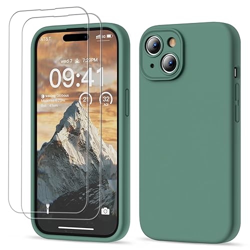 GOODVISH 3 in 1 für iPhone 15 Hülle Liquid Silikon, mit 2 Stück Schutzfolie [Upgraded Kameraschutz] Soft Mikrofaserfutter Handyhülle Kratzfest stoßfeste Schutz Case für iPhone 15 6.1", PineGrün von GOODVISH