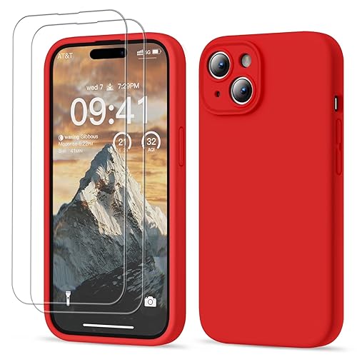 GOODVISH 3 in 1 für iPhone 15 Hülle Liquid Silikon, mit 2 Stück Schutzfolie [Upgraded Kameraschutz] Soft Mikrofaserfutter Handyhülle Kratzfest stoßfeste Schutz Case für iPhone 15 6.1", Rot von GOODVISH