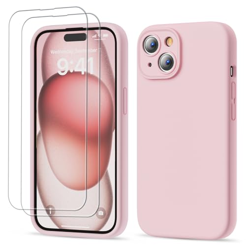 GOODVISH 3 in 1 für iPhone 15 Hülle Liquid Silikon, mit 2 Stück Schutzfolie [Upgraded Kameraschutz] Soft Mikrofaserfutter Handyhülle Kratzfest stoßfeste Schutz Case für iPhone 15 6.1", Sand Rosa von GOODVISH