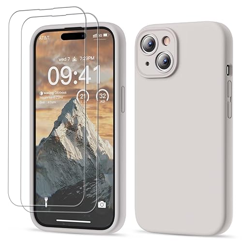 GOODVISH 3 in 1 für iPhone 15 Hülle Liquid Silikon, mit 2 Stück Schutzfolie [Upgraded Kameraschutz] Soft Mikrofaserfutter Handyhülle Kratzfest stoßfeste Schutz Case für iPhone 15 6.1", StoneGrey von GOODVISH