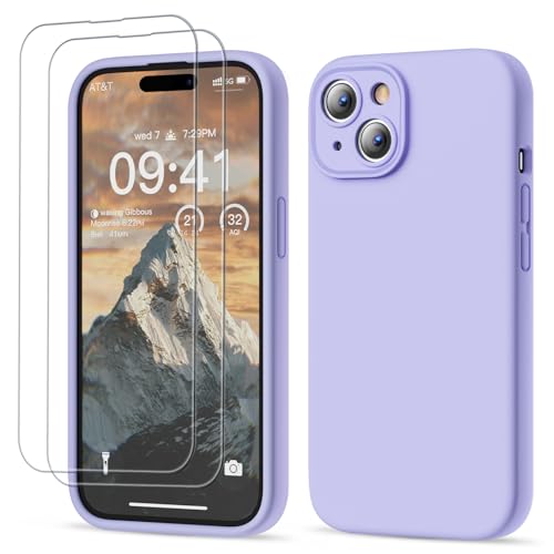 GOODVISH 3 in 1 für iPhone 15 Hülle Liquid Silikon, mit 2 Stück Schutzfolie [Upgraded Kameraschutz] Soft Mikrofaserfutter Handyhülle Kratzfest stoßfeste Schutz Case für iPhone 15 6.1", Violett von GOODVISH