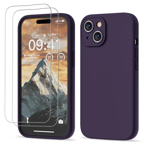 GOODVISH 3 in 1 für iPhone 15 Hülle Liquid Silikon, mit 2 Stück Schutzfolie [Upgraded Kameraschutz] Soft Mikrofaserfutter Handyhülle Kratzfest stoßfeste Schutz Case für iPhone 15 6.1",Beeren violett von GOODVISH