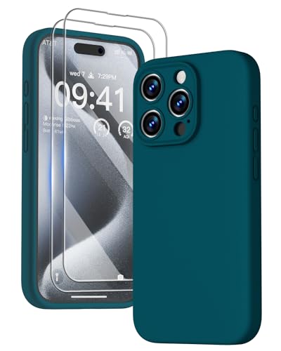 GOODVISH 3 in 1 für iPhone 15 Pro Hülle Liquid Silikon, mit 2 Schutzfolie [Upgraded Kameraschutz] Soft Mikrofaserfutter Handyhülle Kratzfest stoßfeste Schutz Case für iPhone 15 Pro 6.1", Dunkelgrün von GOODVISH