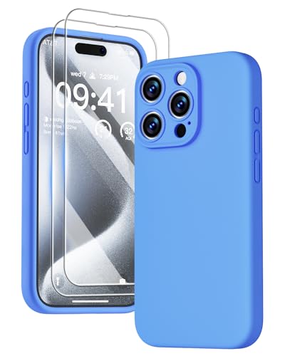 GOODVISH 3 in 1 für iPhone 15 Pro Hülle Liquid Silikon, mit 2 Schutzfolie [Upgraded Kameraschutz] Soft Mikrofaserfutter Handyhülle Kratzfest stoßfeste Schutz Case für iPhone 15 Pro 6.1", Azurblau von GOODVISH