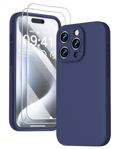 GOODVISH 3 in 1 für iPhone 15 Pro Hülle Liquid Silikon, mit 2 Schutzfolie [Upgraded Kameraschutz] Soft Mikrofaserfutter Handyhülle Kratzfest stoßfeste Schutz Case für iPhone 15 Pro 6.1", Navy blau von GOODVISH