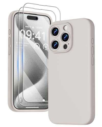 GOODVISH 3 in 1 für iPhone 15 Pro Hülle Liquid Silikon, mit 2 Schutzfolie [Upgraded Kameraschutz] Soft Mikrofaserfutter Handyhülle Kratzfest stoßfeste Schutz Case für iPhone 15 Pro 6.1", StoneGrey von GOODVISH