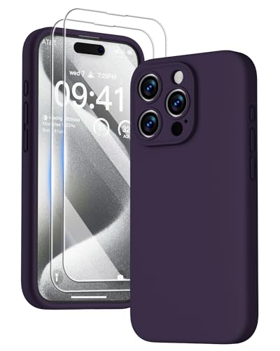 GOODVISH 3 in 1 für iPhone 15 Pro Hülle Liquid Silikon, mit 2 Schutzfolie [Upgraded Kameraschutz] Soft Mikrofaserfutter Handyhülle Kratzfest stoßfeste Schutz Case für iPhone 15 Pro 6.1",Beeren violett von GOODVISH