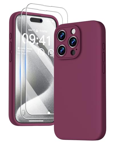 GOODVISH 3 in 1 für iPhone 15 Pro Hülle Liquid Silikon, mit 2 Stück Schutzfolie [Upgraded Kameraschutz] Soft Mikrofaserfutter Handyhülle Kratzfest stoßfeste Schutz Case für iPhone 15 Pro 6.1", Weinrot von GOODVISH