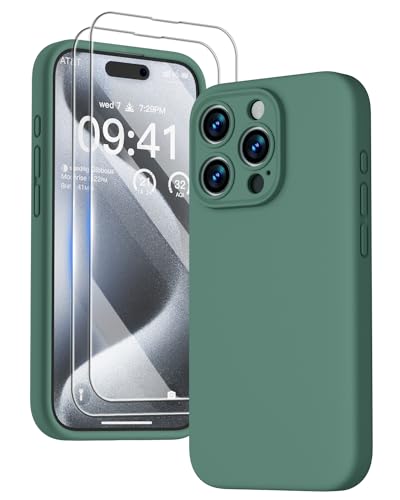 GOODVISH 3 in 1 für iPhone 15 Pro Hülle Liquid Silikon, mit 2 Stück Schutzfolie [Upgraded Kameraschutz] Soft Mikrofaserfutter Handyhülle Kratzfest stoßfeste Schutz Case für iPhone 15 Pro 6.1", Grün von GOODVISH