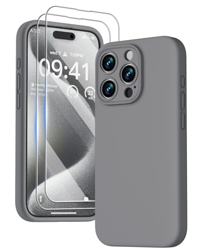 GOODVISH 3 in 1 für iPhone 15 Pro Hülle Liquid Silikon, mit 2 Stück Schutzfolie [Upgraded Kameraschutz] Soft Mikrofaserfutter Handyhülle Kratzfest stoßfeste Schutz Case für iPhone 15 Pro 6.1", Grau von GOODVISH