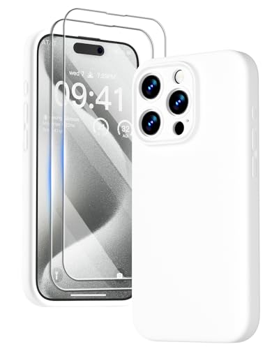 GOODVISH 3 in 1 für iPhone 15 Pro Hülle Liquid Silikon, mit 2 Stück Schutzfolie [Upgraded Kameraschutz] Soft Mikrofaserfutter Handyhülle Kratzfest stoßfeste Schutz Case für iPhone 15 Pro 6.1", Weiß von GOODVISH